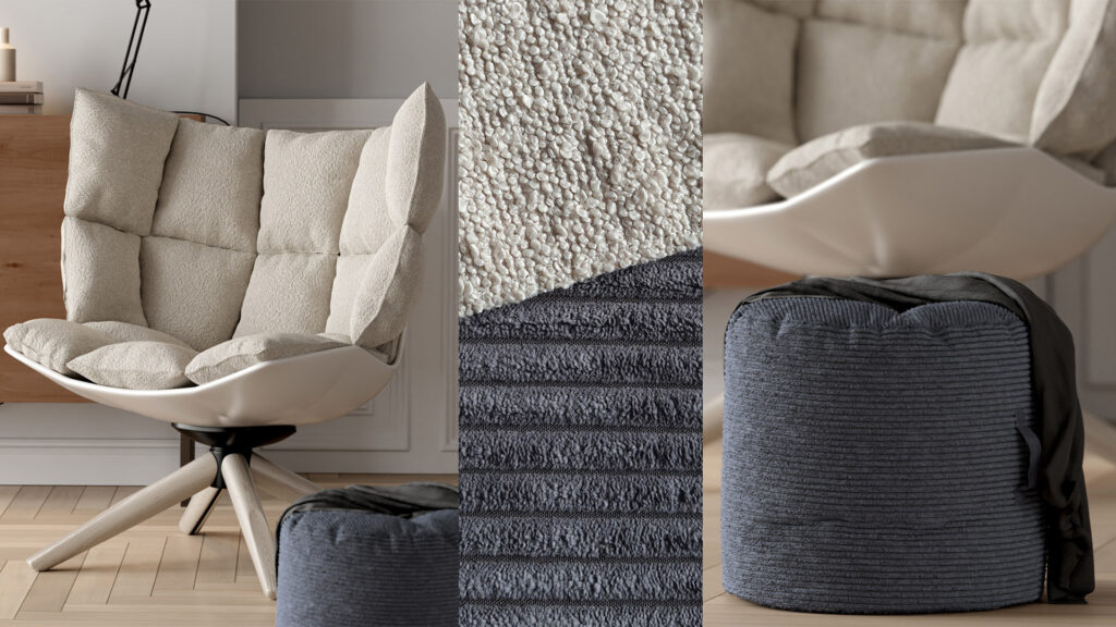 Der eingescannte Stoff auf einen Sessel und einen Hocker eingesetzt.