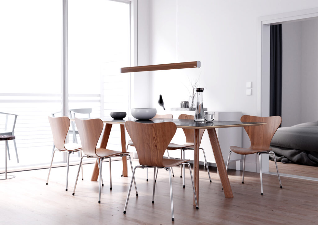 Interior Szene. Ein Esstisch mit Stühlen.